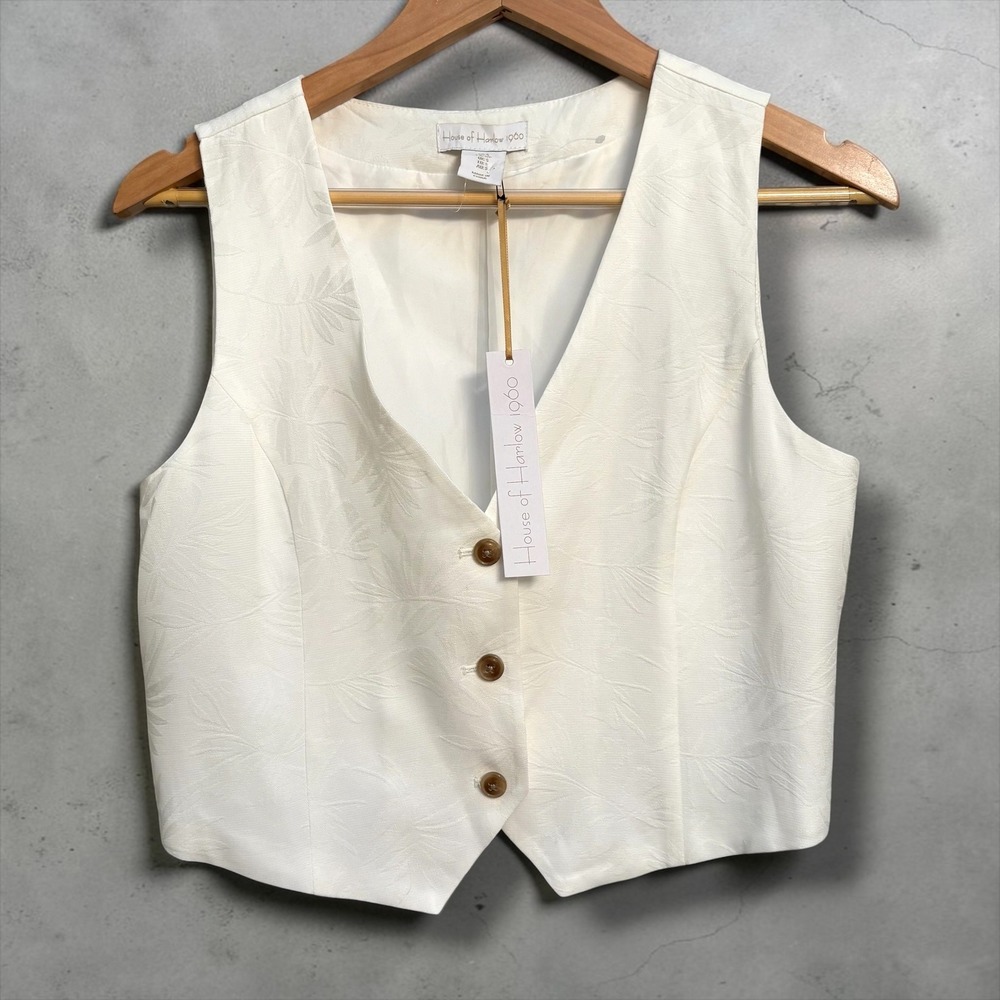 House of Harlow 1960 Womens Cream Jacquard Leaf V-Neck Button Front Vest Small